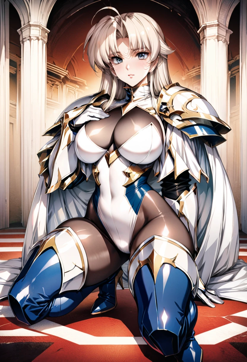 ((highest quality)), ((masterpiece)), ((hyperrealistic)), (detailed background), 1girl, ((curvy: 1.2)), perfect face, Langrisser, squatting, ((high neck racing leotard: 1.5)), ((catsuit)), ((white paladin armor: 1.3)), ((long skirt)), (cloak de cour), gauntlet, gloves, silver straight hair, ahoge, parted bangs, (huge breasts), (see-through cleavage cutout), (pantyhose thigh), (zettai ryouiki armored thigh high boots), beautiful eyes, Perfect hands, perfect fingers,