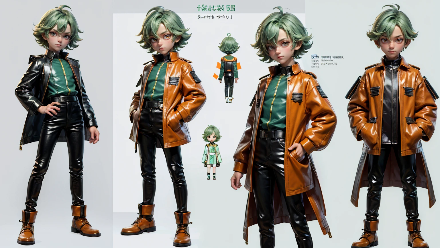 cute face boy, cute face, short height boy, wearing orange leather  pent and shirt, full standing pose, Twist Out light green hairs, Character Sheet, 12 yo student, Full body, Simple white background, front pose character reference sheet, Concept art, design sheet