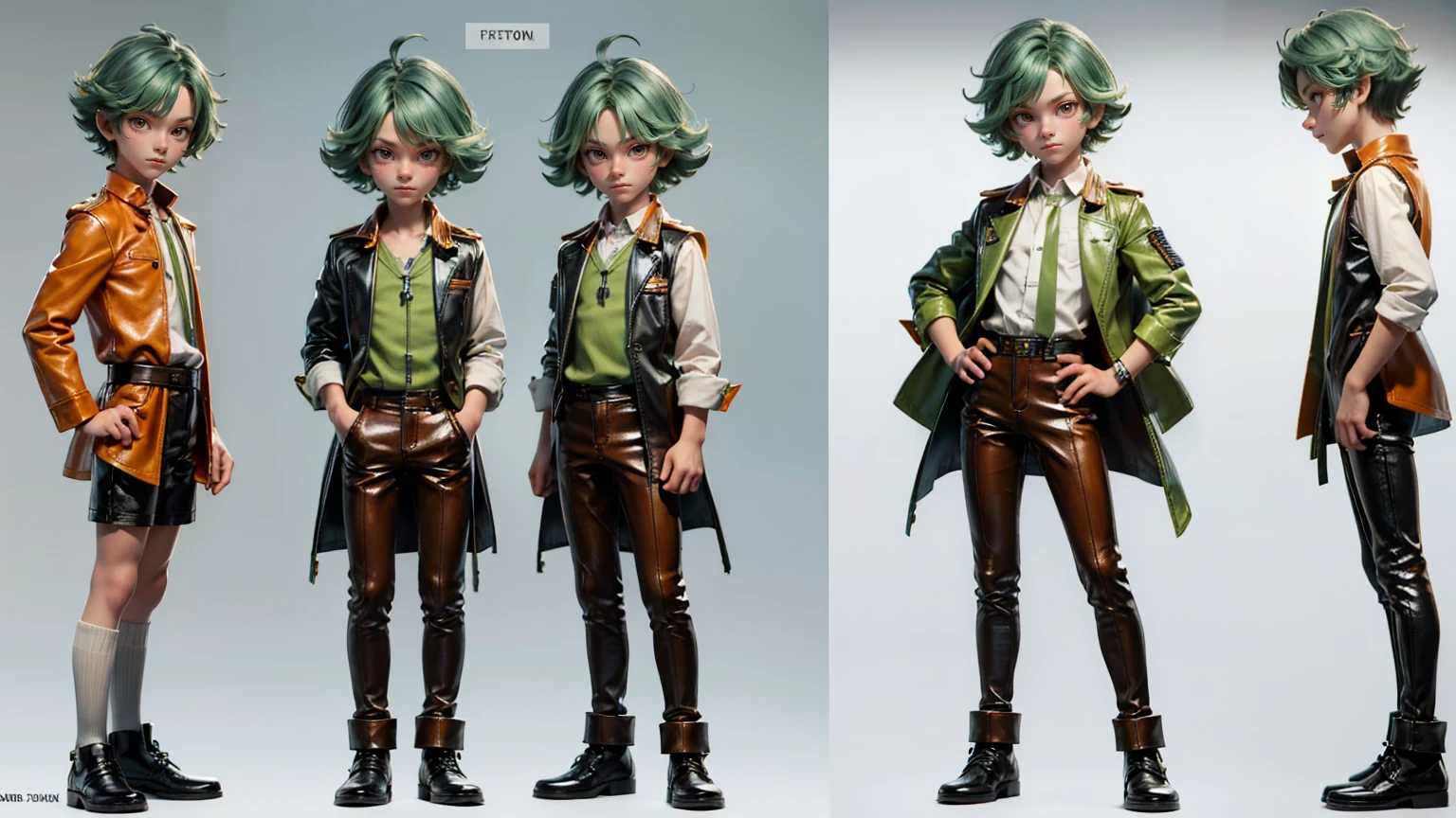 cute face boy, cute face, short height boy, wearing orange leather pent and shirt, full standing pose, Twist Out light green hairs, Character Sheet, , Full body, Simple white background, front pose character reference sheet, Concept art, design sheet