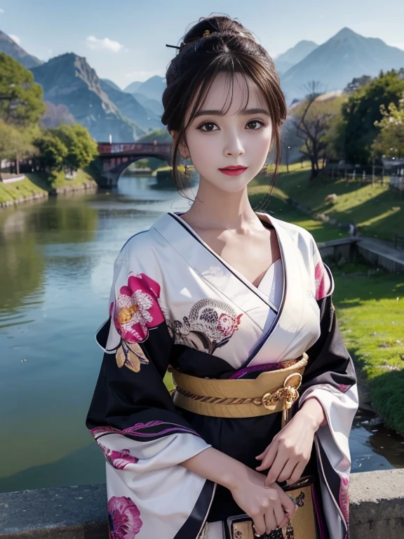 (Highest quality、 8k 、masterpiece、High resolution)、(whole body)、Vibrant colors、Brown-black bob、Traditional round topknot、Ample breasts、(Highly detailed face and eyes、Beautiful Face、Beautiful Eyes、Beautiful nose、Pretty lips)、 (Beautiful woman standing on a riverside observation deck)、(A friendly gaze)、(Oh!！Facial expression that)、(Vivid floral patterned kimono)、Official Art、  The background is a wide river、Nearby bridge、Riverside streetscape、Mountains in the distance、Detailed CG、