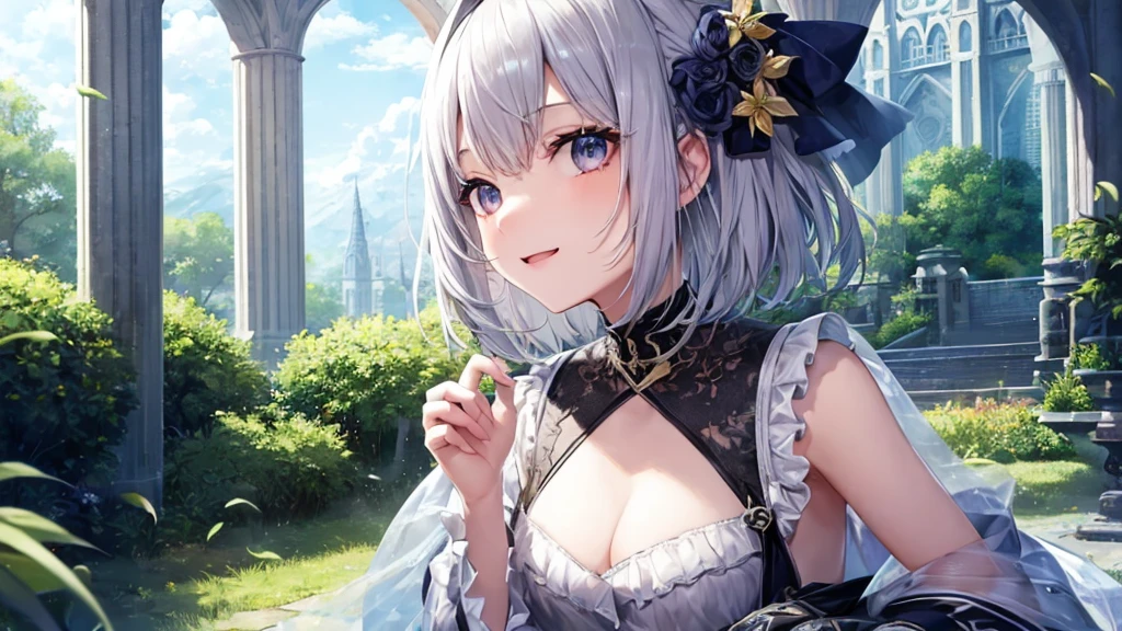 Ultra HD,Look at the viewers, Put your hands behind your back, With a girl, 20-year-old, 非常にShort Hair, Long bangs between the eyes, Pale blue eyes, Very detailed,(masterpiece、Highest quality),Gray Hair、Laughter、Fantastic, Silver Hair, Iris, Short hair、 Fluttering Hair、Small Face、明るいsmile、(Detailed face) ,Professional Lighting,Wonderful landscape,blue sky, sunlight,Looking down from above,Portraiture、Open your mouth、Flower Field、Her eyes were shining、Mysterious and enchanting atmosphere。With AI Painting、とてもShort Hair, Long bangs between the eyes, Very detailed,(masterpiece、Highest quality)、alone、Gray Hair、Fantasy, Silver Hair, Fantasyな風景、smile、Open your mouth、short hair、Short Hair、hairpin、black eye、Grey Eyes、Beautiful Eyes、Black Shirt、White hoodie