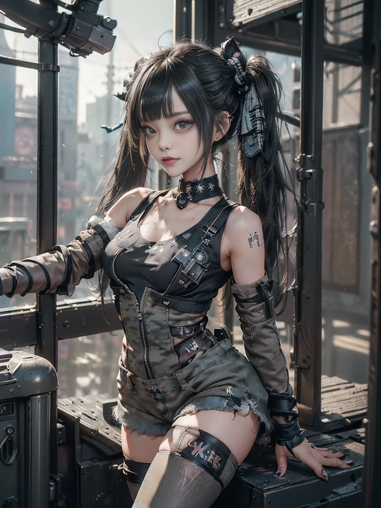 (Full Body View:1.3)、(squat:1.1)、(Please smile with your teeth showing:1.4),(Shibuya Gal:1.5)、(Gothic Lolita style fashion:1.5)、(Tattered khaki and gray futuristic micro high leg bodysuit:1.5)、(Tattered Khakis and White Micro Fancy Sleeves:1.5)、(Tattered khaki micro shorts:1.5)、(Brown and khaki knee socks:1.3)、(camouflage:1.3)、(Military jacket:1.4)、Brown boots、Khaki gloves、internal、(The underwear is striped:1.4)、23 years old、(Doing a ballerina pose:1.3)、((Highest quality、8k、masterpiece:1.3))、One girl、The beauty of slim abs:1.3、(Hairstyle Casual、Big Tits:1.1)、dress:1.1、Super small face、Narrow eyes、double eyelid、Laughter、Esbian all over body、Dynamic Angle、Close-up、CPL Filter、Blurred Background、Bokeh、Blue Hour、Detailed face and skin texture、Detailed Eyes,(Twin tails:1.3)、(Black brown hair:1.4)、Gravure idol pose、(The background is the cockpit of a futuristic weapon.:1.3)、(The body is slim:1.2),(Slim legs:1.4),(clavicle:1.1)