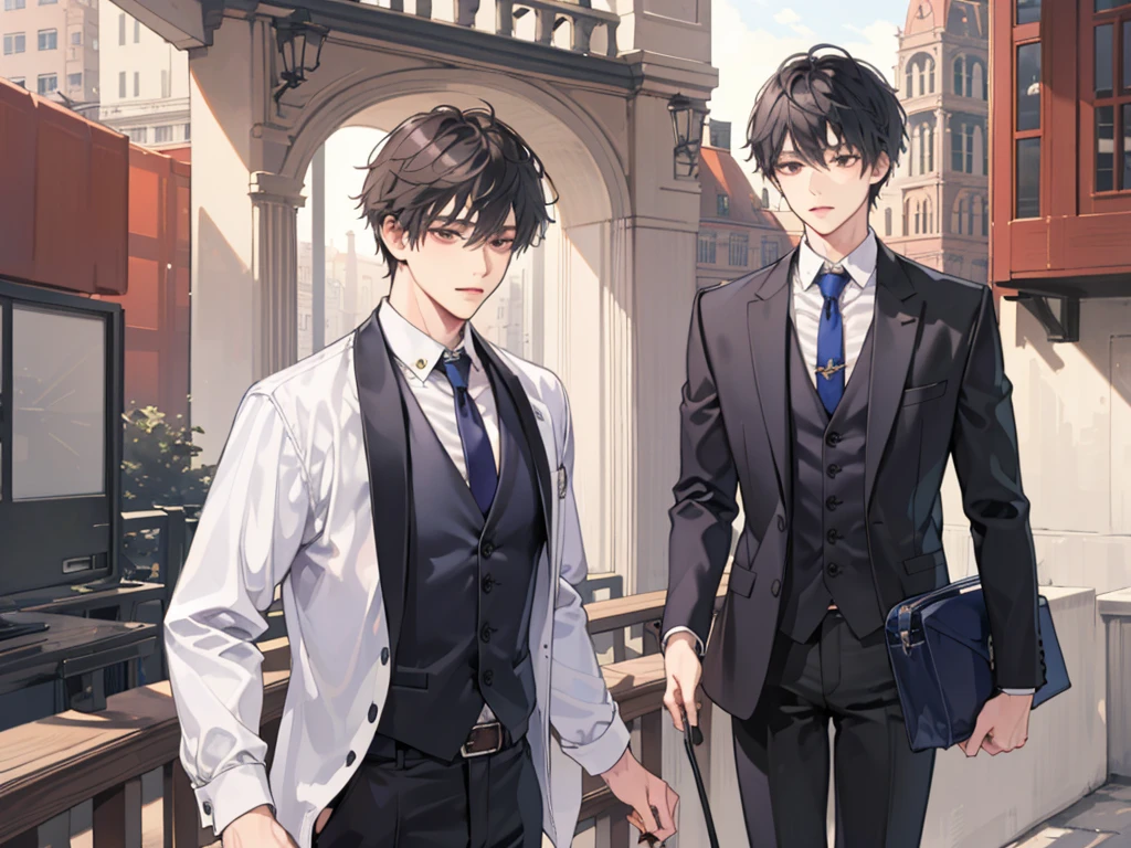 1 boy,((alone)),adult ,suit,white shirt,tie,pants,highest quality,カラス