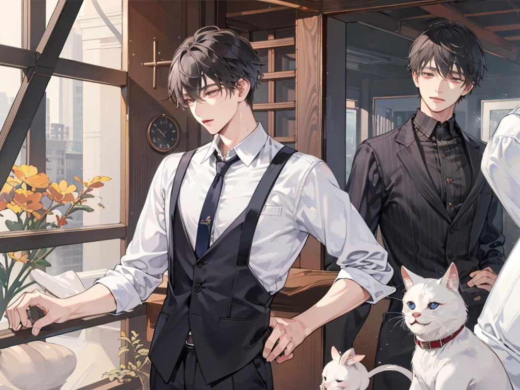 1 boy,((alone)),adult ,suit,white shirt,tie,pants,highest quality,カラス