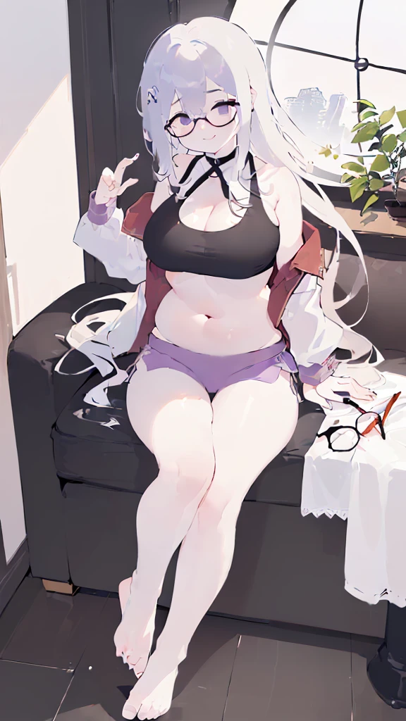 (Cafe Background:1.5), chair, (sedentary:1.5), window, (morning, sunlight:1.5), (Beautiful shades:1.5), (Holding the belly with both hands:1.5), (dynamic angle:1.5), [ 4k digital art ]!!,(big bust, prominent cleavage:1.5), (Black eyes with a slight purple tint:1.5), (a devastated expression, dead eyes, dark atmosphere:1.5), (white hair, long hair, weak perm:1.5), (sports bra, extra long sports jacket, hot pants, :1.5), (bare foot, round-rimmed glasses:1.5), (Aegyo belly fat:1.5), (smiling faintly:1.5),(thin legs, thin:1.5)