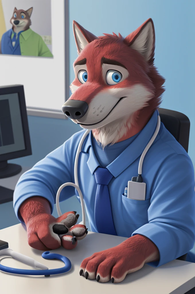 Joachim Wolfbach (Zootopia),tall handsome, wolf,young, 24 years, brown fur,(red body:1.3),Blue eyes, Moscow Dressed, in a medical gown, trousers, shirt, tie, green stethoscope, cardiac surgeon,canine, wolf, detailed fur, Male, antro, paw pads, finger claws,Prays, at viewer, 5 fingers, paws, 5 fingers, smile, happy, sitting in the office , wrist watch,green stethoscope, т nextel, sitting in his office at home, by xenoforge, (difficult, high detail, digital, photo, soft focus, RAW, dct doctor, hospital, Kids toys, expecting children, 13 детская hospital имени Филатова.
photorealism, realistic, photorealistic, analog style, subsurface scattering, ecg machine, Kids toys,
masterpiece, Best quality, ultra realistic, 8 K)