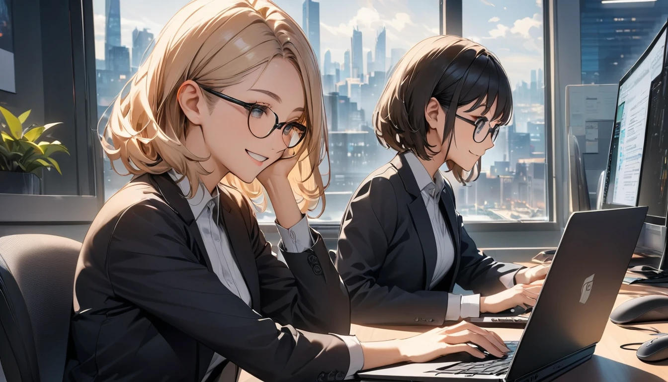 Office workers working on a computer,Portraiture,Professional,Wearing a smart suit,Stylish glasses,Typing on a sleek laptop,Use a wireless mouse,Sitting at a modern desk,Smile confidently,City skyline in the background,Soft natural light,High resolution,High resolution,Very detailed.
