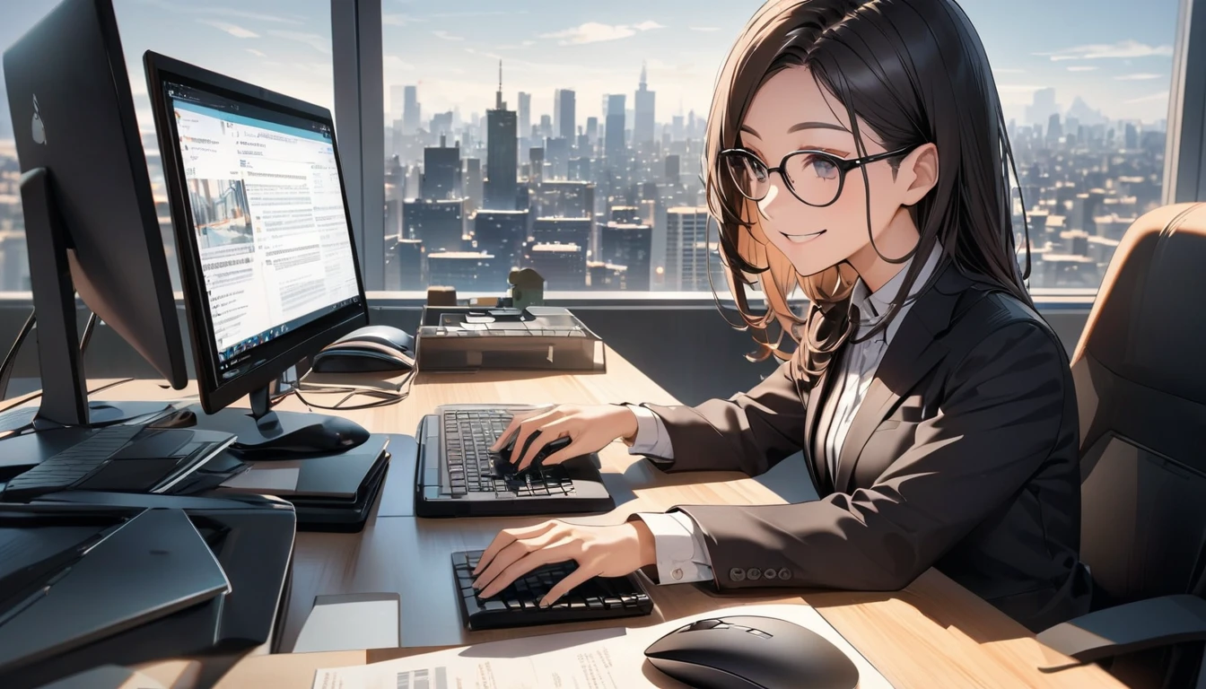 Office workers working on a computer,Portraiture,Professional,Wearing a smart suit,Stylish glasses,Typing on a sleek laptop,Use a wireless mouse,Sitting at a modern desk,Smile confidently,City skyline in the background,Soft natural light,High resolution,High resolution,Very detailed.