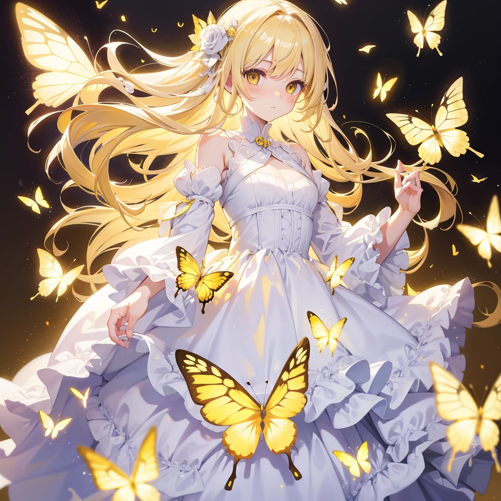 light Hair,yellow Butterfly,yellow eyes, Long white blonde hair,cute White princess Dress,8k wallpaper,Detailed background,Maximum resolution,Deep V Bi,Chis,yellow Rose background,Tight,full-body shot