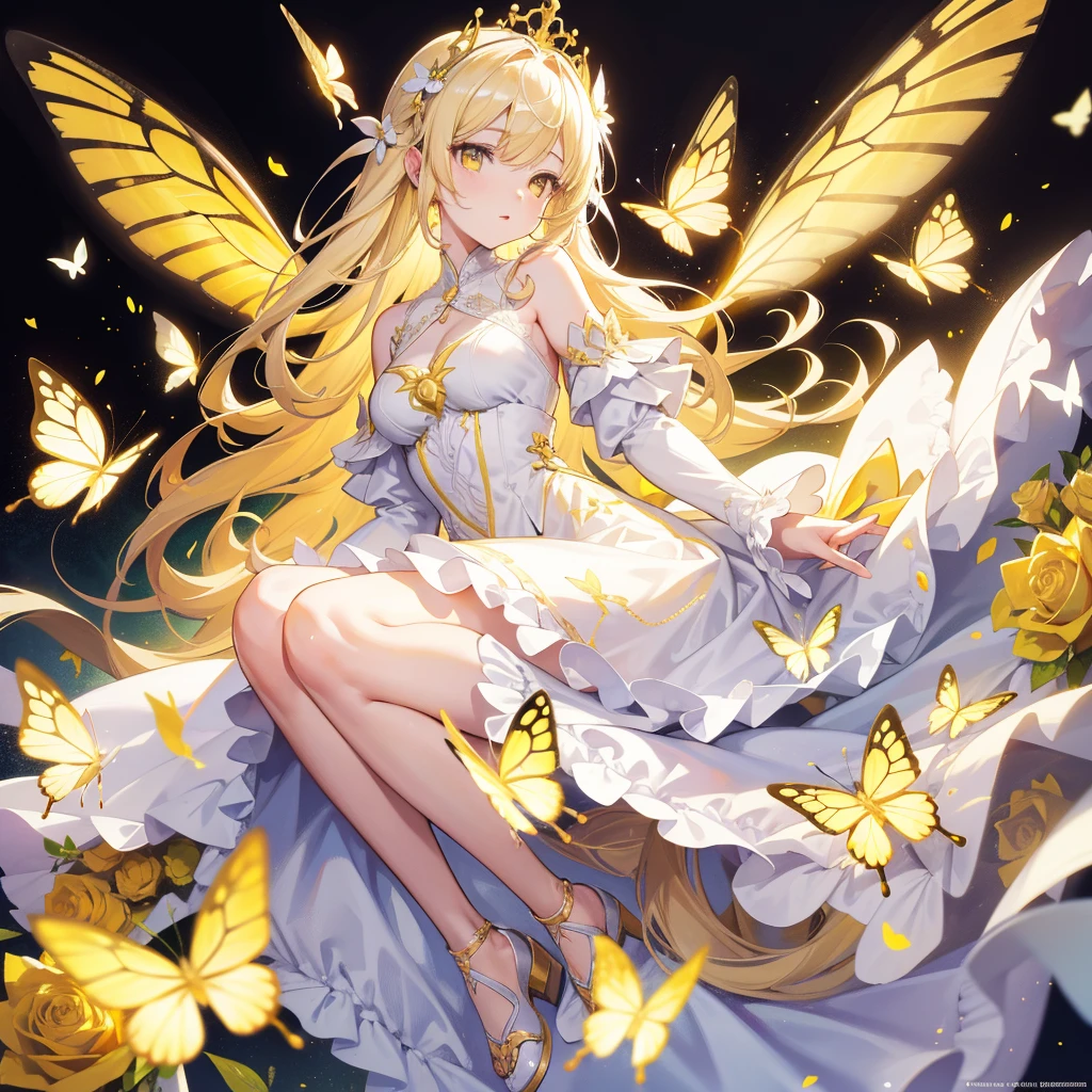 light Hair,yellow Butterfly,yellow eyes, Long white blonde hair,cute White princess Dress,8k wallpaper,Detailed background,Maximum resolution,Deep V Bi,Chis,yellow Rose background,Tight,full-body shot