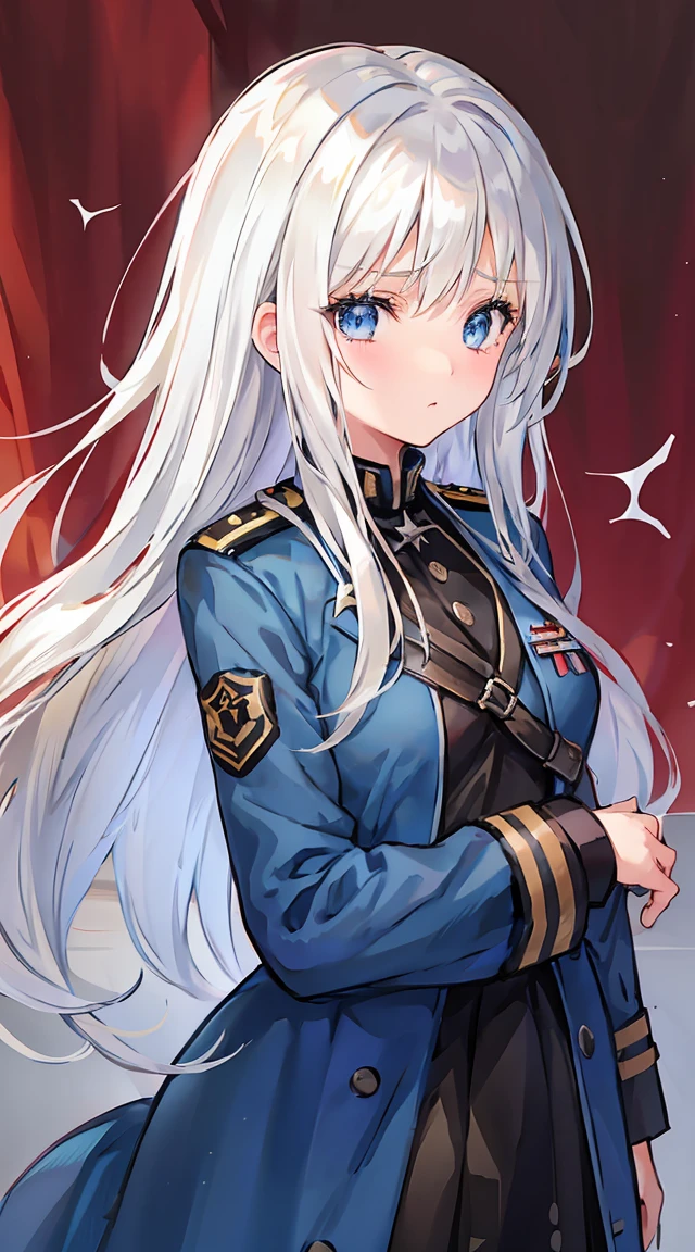 White Hair、Long, messy hair、Blue Eyes、Tears are about to overflow、A girl in a military uniform, mostly black with red accents