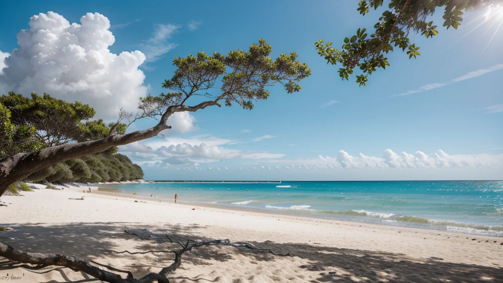 "Une plage de sable blanc immaculé bordée d'arbre de cocotiers se balançant doucement dans la brise. L'eau turquoise cristalline scintille sous le soleil éclatant, reflétant un ciel sans nuages d'un bleu profond. Au loin, avec une bvelle ile au loin