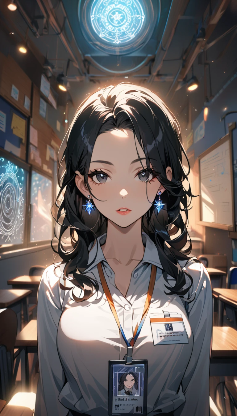 1woman,matured face,curtain hair forehead(long black hair),eyes,black eyes,teacher,teacher outfit, beautiful, colourful classroom background,standing attentive pose, neutral,stoic,wearing an ID card,earrings,juicy full lips,magic circle in the background, portrait , cinematic lighting,