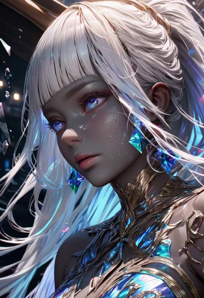 (((intricate design))) (((professional))) (((clear focus))) (((32k UHD Resolution))) (((photorealistic))) (((hyper-detail))) (((masterpiece))), ultra-realistic, a digital render, expressive eyes, perfect face, mesmerising eyes, perfectly detailed anatomy, low contrast, (((Volumetric lighting))) (((cinematic lighting))) (((sunny)) (((1female))) empyrean, empyrean being, empyrean appearance, ultra-realistic, textured skin, elegant, glamorous makeup, full body, female goddess of crystals, shattered glass, intricate design, beautiful white iridescent dress, long gloves, jewels, plastic, neon glitter, confetti, (((black skin black complexion, dark complexion, dark skin))) neon blue eyes, (((neat long straight white hair with bangs and light blue highlights))) high ponytail, white lipstick, grimoire, holding a grimoire, blue earrings, deity, neon lights, glass particles, white eyelashes, (((on a boat))) shattered glass