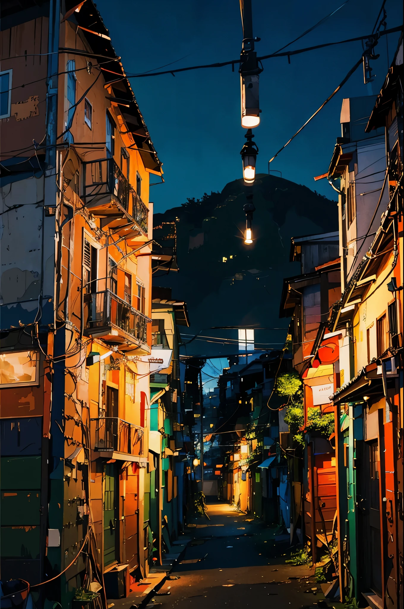 Expressive digital painting; Favela ; improvisational architecture ; tangled wire; Geographic Depth; Exposed Brick, Houses everywhere々It&#39;s full of.,Cyber City、Neon Light、night景、night、nightの都市、festival、festival