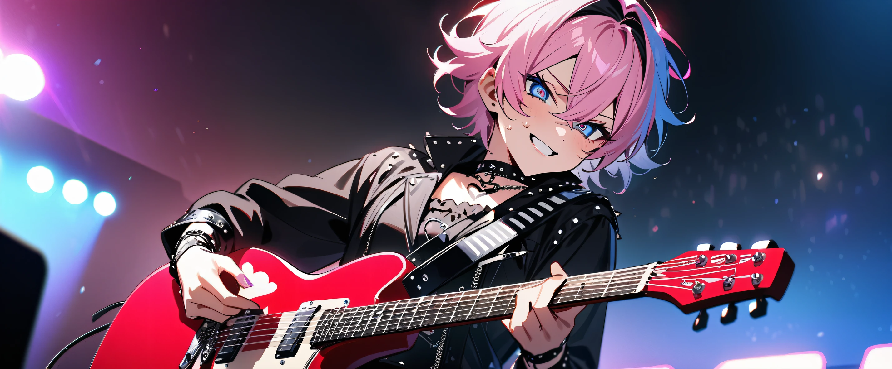 (((masterpiece,Highest quality))),(((A beautiful male anime character in drag, with short pink curls, blue eyes and a punk lolita style visual kei outfit, holding a guitar))),(((Looking at me with a provocative smile,Heart mark in the eyes))),(((Playing electric guitar on live stage,He is sweating and playing at the keyboard.))),Focus on the upper body,(high quality),アニメ