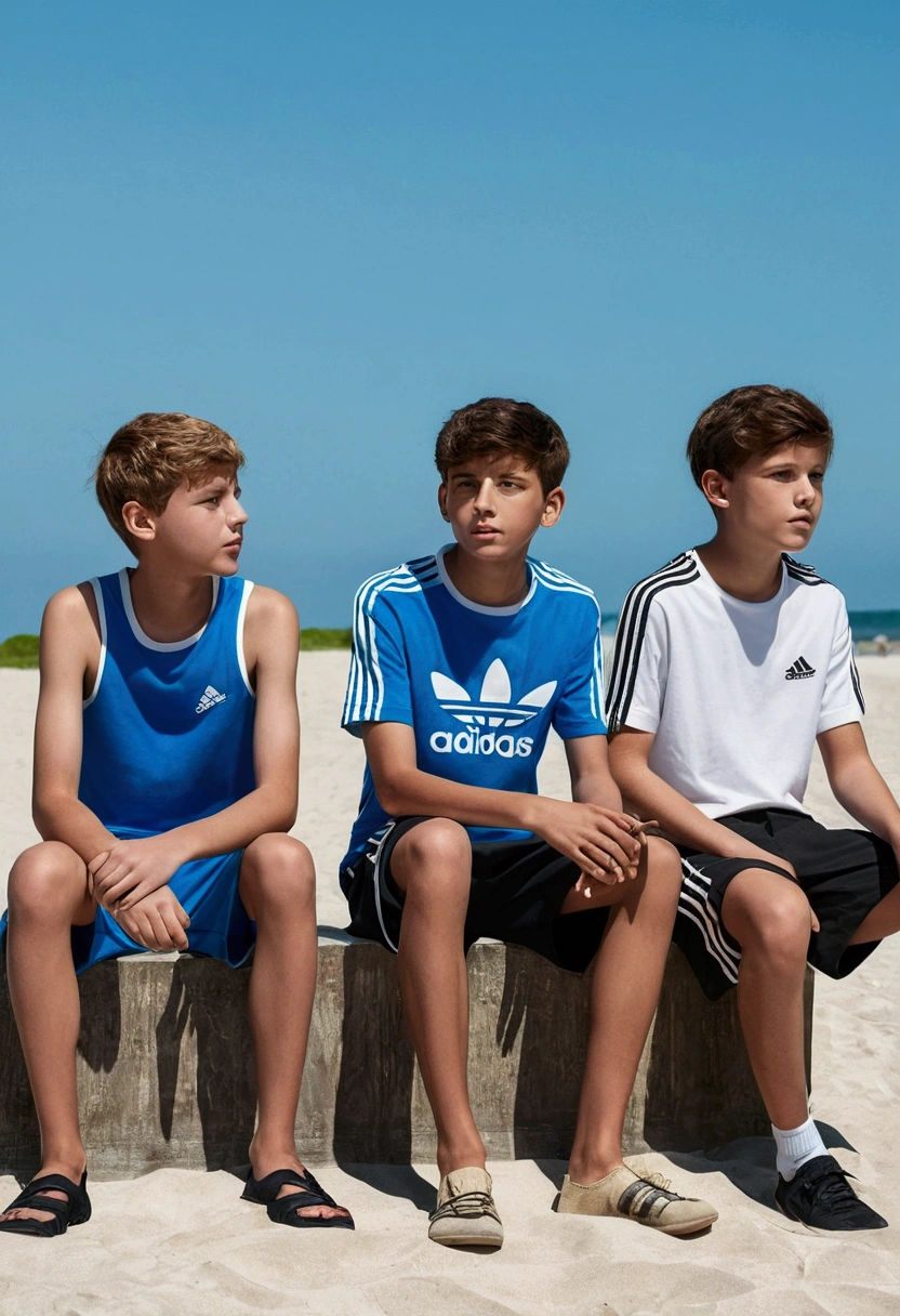 3 boys 24 years in wide long shorts black shorts adidas shorts oversize shorts casual clothes no t-shirt bare torsos naked torsos blue nike shorts 3d picture ultra realistic beach full body sitting
