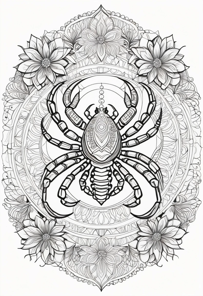 A striking black and white line art coloring page designed for adults with white background, featuring a majestic Scorpio in a mandala-inspired style. The Scorpio is adorned with intricate patterns that include floral and geometric designs, making it an engaging and detailed work of art. The illustration focuses on crisp, clean lines and bold outlines, without any shading or color, allowing the user to bring their own vibrancy to the piece. The minimalistic design, with its thick lines and absence of background details, creates a soothing coloring experience for adults seeking calming and creative activities. illustration
