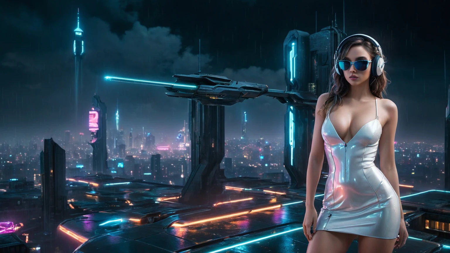 (aerial view, a flying cars docking platform, a very dark abandoned futuristic city, neon lights), rainy night. 1girl, solo, alone, large-breast:1.2 slim body, cleavage:1.1, sexy wind blowing wet dress:1.4, (headphone, black sunglasses), (((((she raised:1.8 a pistol:1.8 and took aim at viewer))))), dynamic pose, (((half-body thigh level medium shot))), cinematic lighting, lens flare, ray tracing.