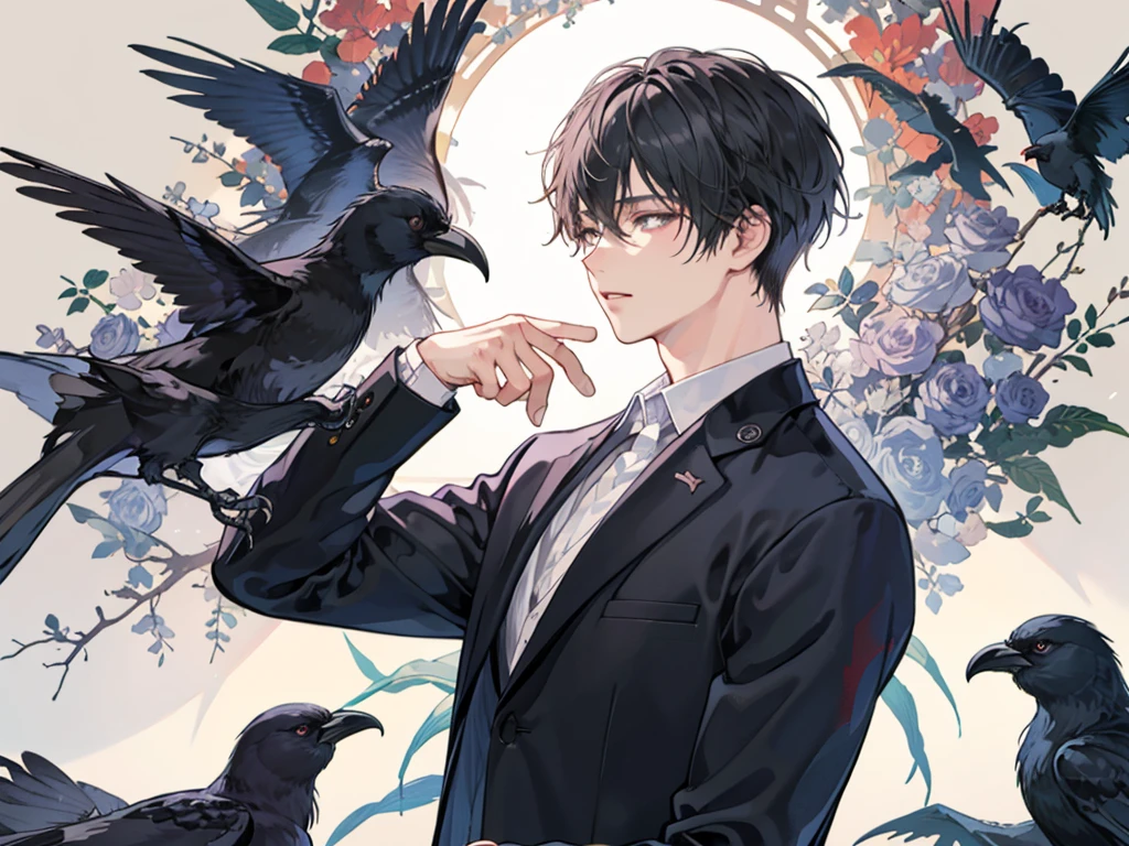 1 boy，((alone)),adult ，suit、Man and Crow
