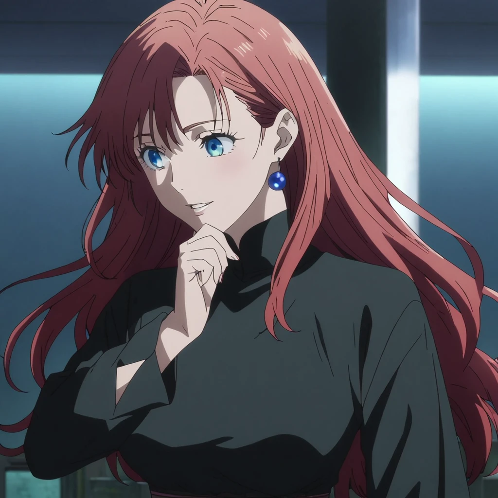 1girl, female gojo satoru, anime screencap from jujutsu kaisen, gojo satoru female version, solo, long_hair, ((Blue eyes)) ((Red_hair, hair over ear from one side))((slicked hair)) , night view, (hanging breasts) upper_body, smile, indoors, parted lips, (long hair) ((wearing black colour outfit, glossy)) breast, "very detailed and high resolution" (Blue eyes) ((solo)) (((front view))) (earings) ((high resolution)) ((good quality)) ((silky hair, hair over ear from one side))((hair slicked)) ((parted lips)) ((one hand on chin))