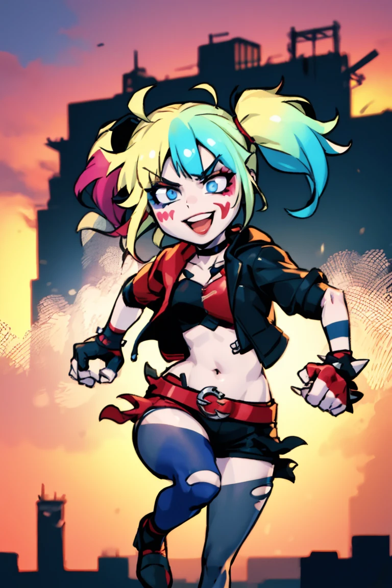(masterpiece, best quality:1.2), solo, 1girl, isekaiharley, smile, looking at viewer, running, twintails, v-shaped eyebrows, two-tone jacket, crop top, short shorts, torn pantyhose, fingerless gloves, choker, spiked bracelet, cityscape scenery, running, sunset,anime