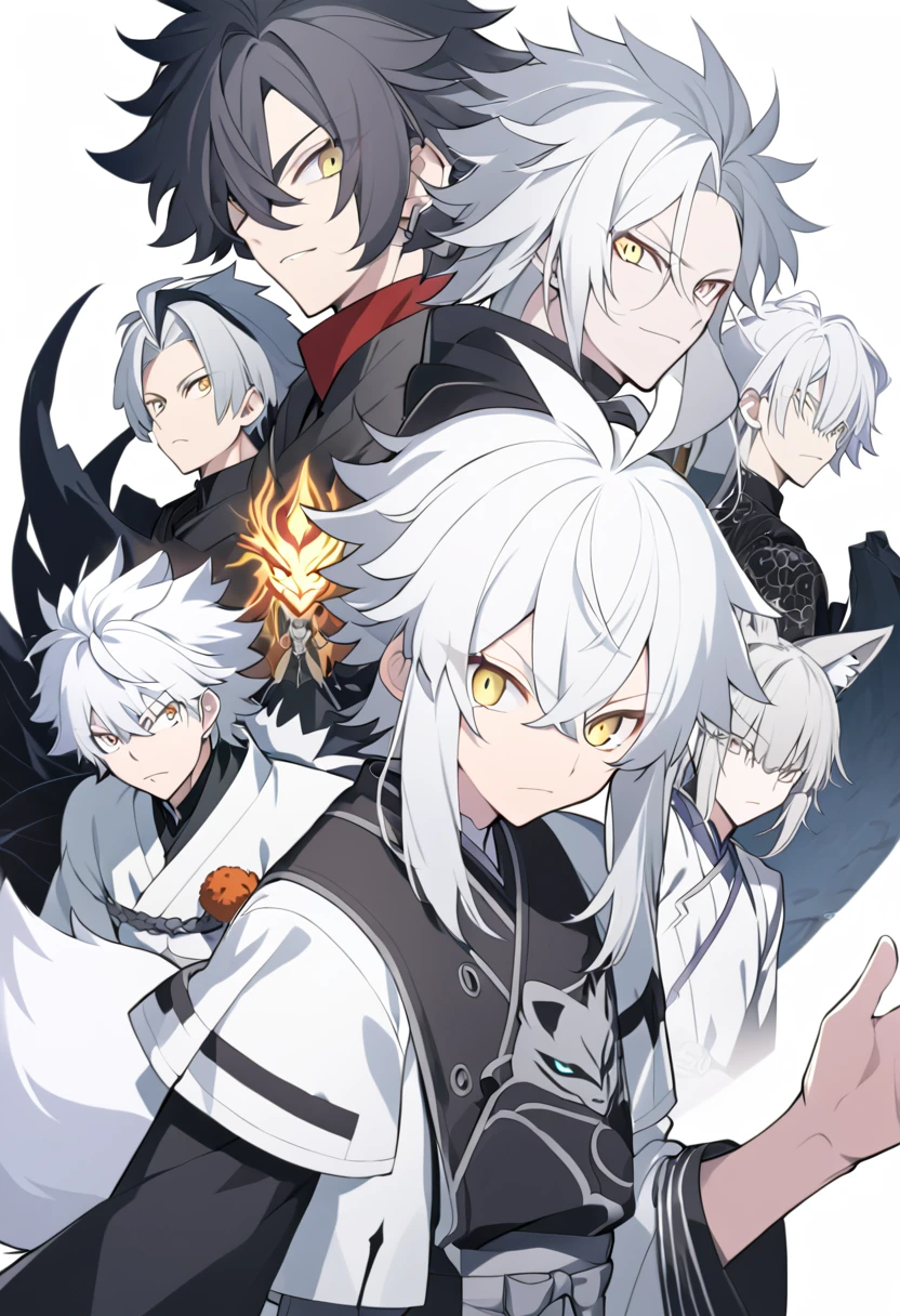 anime character with white hair and yellow eyes looking at camera, an anime drawing inspired by Okumura Togyu, trending on pixiv, shin hanga, white haired, white-haired, white haired deity, silver haired, a silver haired mad, white hair, male anime character, young anime man, white - haired fox, he has dark grey hairs