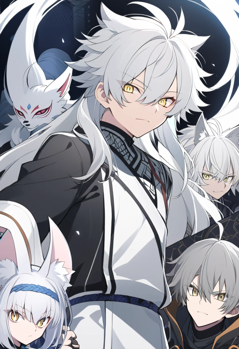 anime character with white hair and yellow eyes looking at camera, an anime drawing inspired by Okumura Togyu, trending on pixiv, shin hanga, white haired, white-haired, white haired deity, silver haired, a silver haired mad, white hair, male anime character, young anime man, white - haired fox, he has dark grey hairs