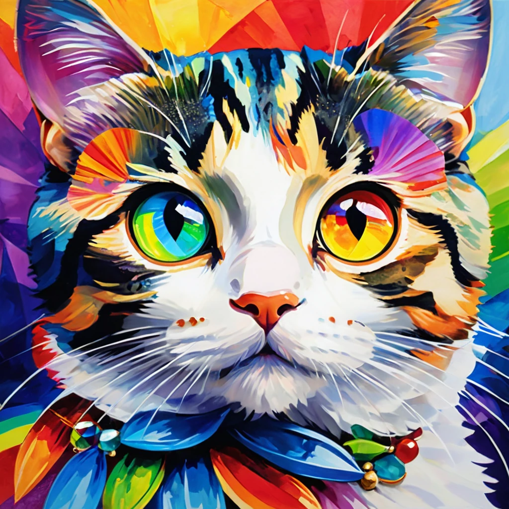 (((masterpiece))), ((Very detailed)), Cute abstract style, In the sky, Colorful and vibrant, Mysterious colors, modern impressionism, Portrait of Yanjun Chen, Rainbow Perspective , Expanding Swirling Configuration, Big beautiful crystal eyes, Big Iris, 超High resolution, High resolution, 8k, The most beautiful portraits in the world, Little cat, Non-expressive, Color and shape, emotional expression, Imaginative