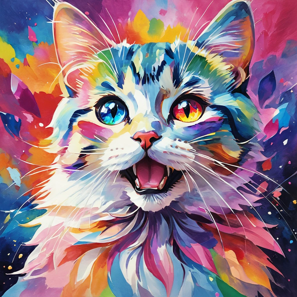 (((masterpiece))), ((Very detailed)), Cute abstract style, In the sky, Colorful and vibrant, Mysterious colors, modern impressionism, Portrait of Yanjun Chen, Rainbow Perspective , Expanding Swirling Configuration, Big beautiful crystal eyes, Big Iris, 超High resolution, High resolution, 8k, The most beautiful portraits in the world, Little cat, Non-expressive, Color and shape, emotional expression, Imaginative