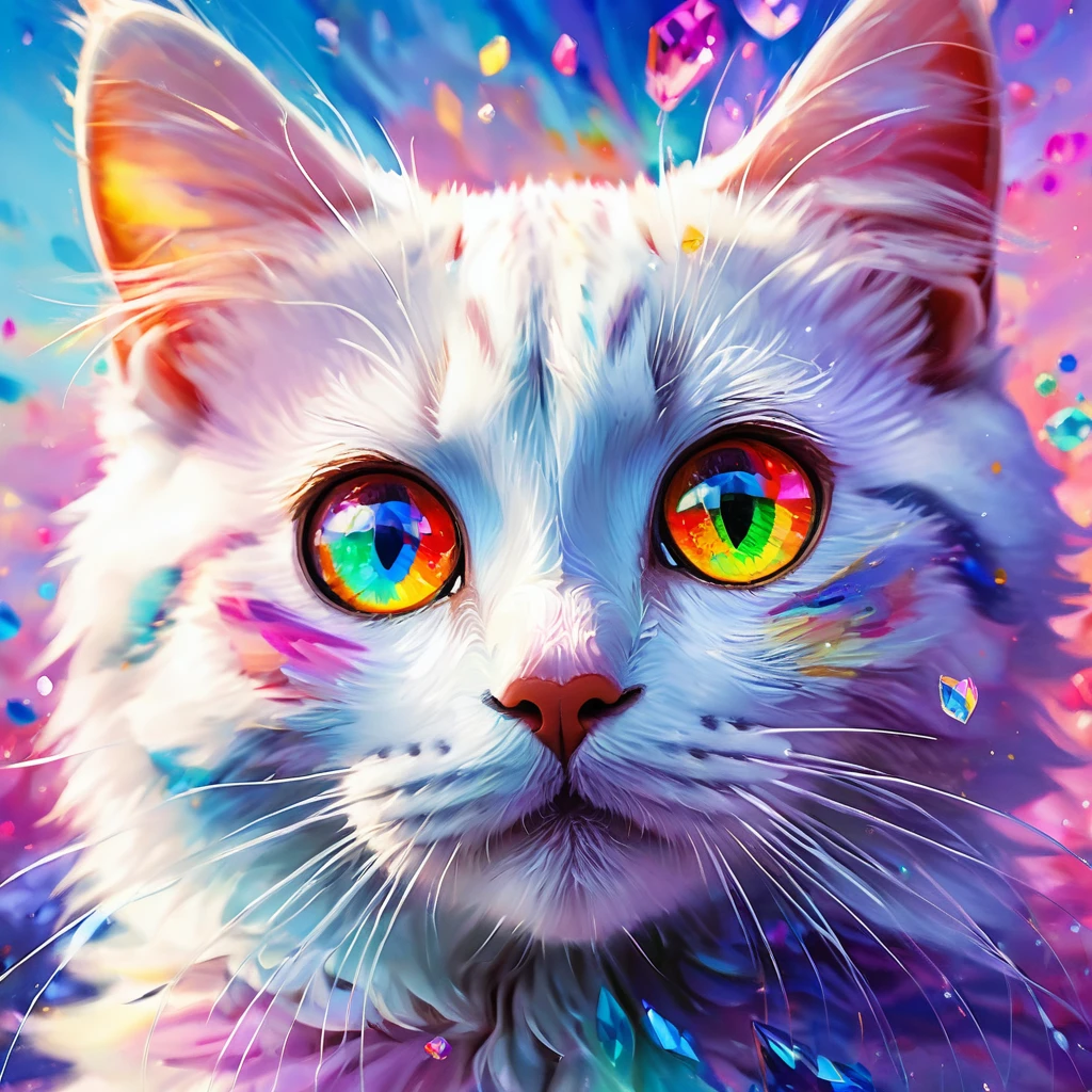 (((masterpiece))), ((Very detailed)), Cute abstract style, In the sky, Colorful and vibrant, Mysterious colors, modern impressionism, Portrait of Yanjun Chen, Rainbow Perspective , Expanding Swirling Configuration, Big beautiful crystal eyes, Big Iris, 超High resolution, High resolution, 8k, The most beautiful portraits in the world, Little cat, Non-expressive, Color and shape, emotional expression, Imaginative