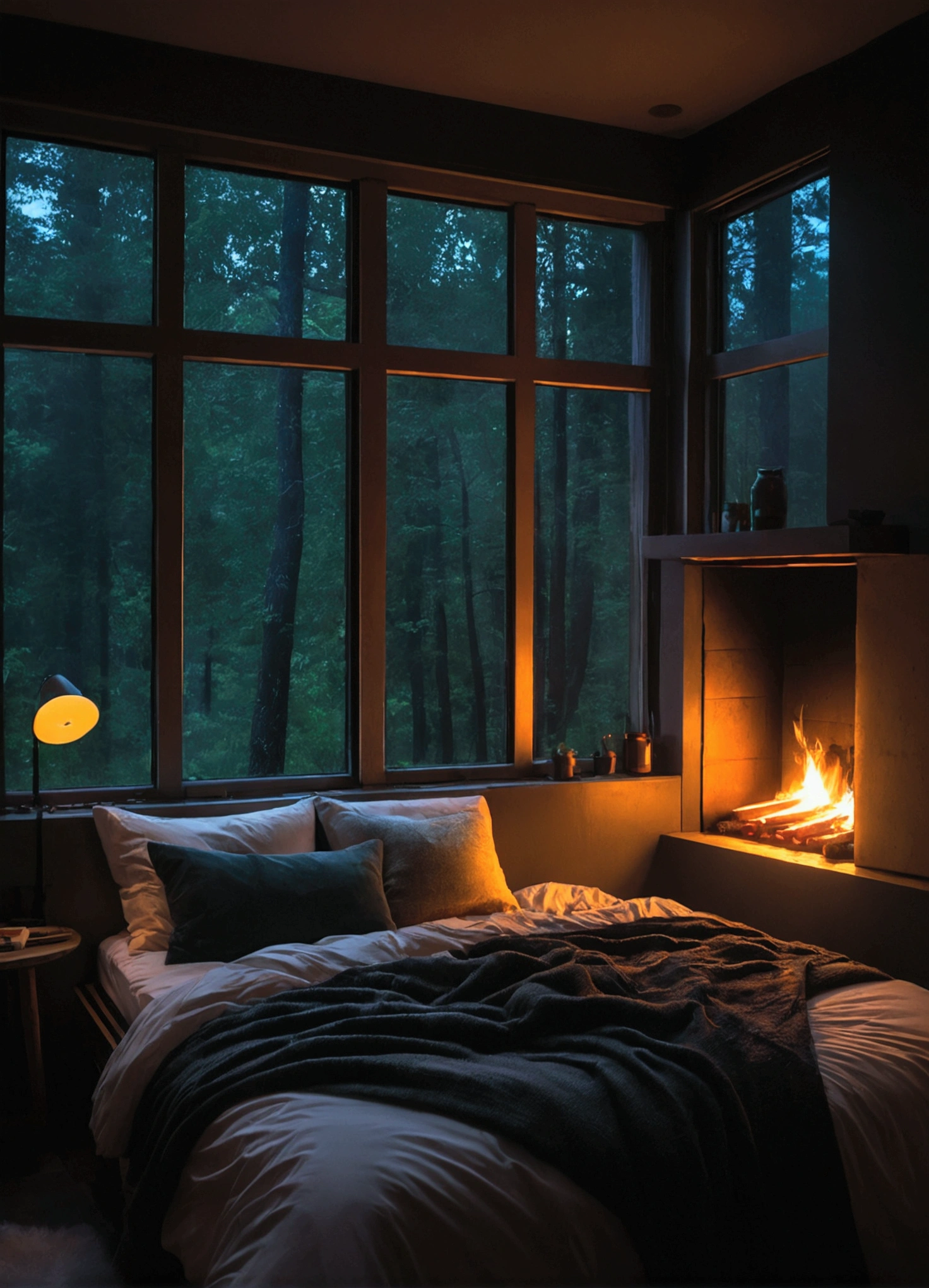 a bed sitting under a window next to a fire, cozy atmospheric, cozy place, large windows to forest at night, cosy atmoshpere, cozy room, cozy environment, dark bedroom, cyberpunk bedroom at night, inside on a rainy day, rainy night, bedroom full of fire, cozy night fireflies, cozy and peaceful atmosphere, rain aesthetic, dimly lit bedroom
