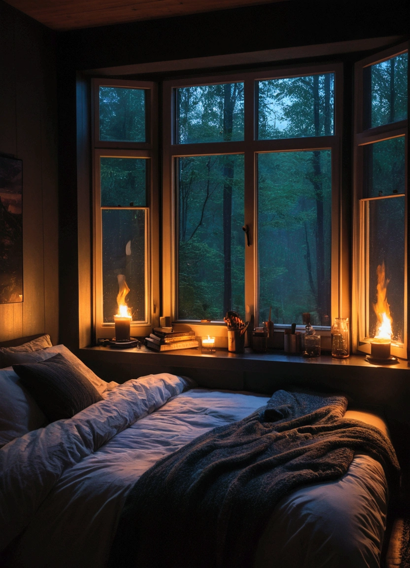 a bed sitting under a window next to a fire, cozy atmospheric, cozy place, large windows to forest at night, cosy atmoshpere, cozy room, cozy environment, dark bedroom, cyberpunk bedroom at night, inside on a rainy day, rainy night, bedroom full of fire, cozy night fireflies, cozy and peaceful atmosphere, rain aesthetic, dimly lit bedroom