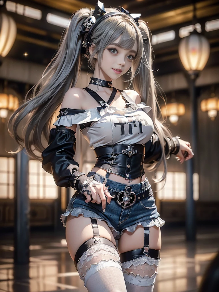 (Full body image:1.3)、(Beautiful lips and nose:1.4)、(Side view:1.1)、(Smiling with teeth showing:1.3),(Fashion Model:1.5)、(Gothic ta battle uniform with delicate decoration:1.5)、(White off-shoulder hoodie:1.5)、(black, Silver and white shorts:1.4)、(denim garter belt:1.5)、(black and denim knee socks:1.3)、(Skull Silver Accessories:1.5)、(Lace Color:1.3)、(Brown Skin Belt:1.4)、(Brown boots:1.2)、(Polka dots on underwear:1.4)、23 years old、((Highest quality、In 8K、masterpiece:1.3))、Sharp focus:1.2、(Layered Cut、Huge boobs:1.1),Beautiful woman with perfect figure:1.4、(Dance vigorously:1.3)、Slim Abs:1.2、Highly detailed face and skin texture、Detailed eyes、double eyelid,(Twin tails:1.3)、(Brownish golden hair:1.3)、Idol Sculpture、(The background is a gorgeous dance hall.:1.3)、(The body is slim:1.2),(Slimming your legs:1.4),(clavicle:1.1)