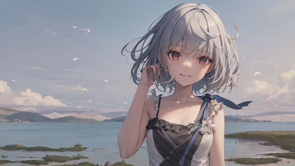 Ultra HD,Look at the viewers, Put your hands behind your back, With a girl, 20-year-old, 非常にShort Hair, Long bangs between the eyes, Pale blue eyes, Very detailed,(masterpiece、Highest quality),Gray Hair、Laughter、Fantastic, Silver Hair, Iris, Short hair、 Fluttering Hair、Small Face、明るいsmile、(Detailed face) ,Professional Lighting,Wonderful landscape,blue sky, sunlight,Looking down from above,Portraiture、Open your mouth、Flower Field、Her eyes were shining、Mysterious and enchanting atmosphere。With AI Painting、とてもShort Hair, Long bangs between the eyes, Very detailed,(masterpiece、Highest quality)、alone、Gray Hair、Fantasy, Silver Hair, Fantasyな風景、smile、Open your mouth、short hair、Short Hair、hairpin、black eye、Grey Eyes、Beautiful Eyes、Black Shirt、White hoodie