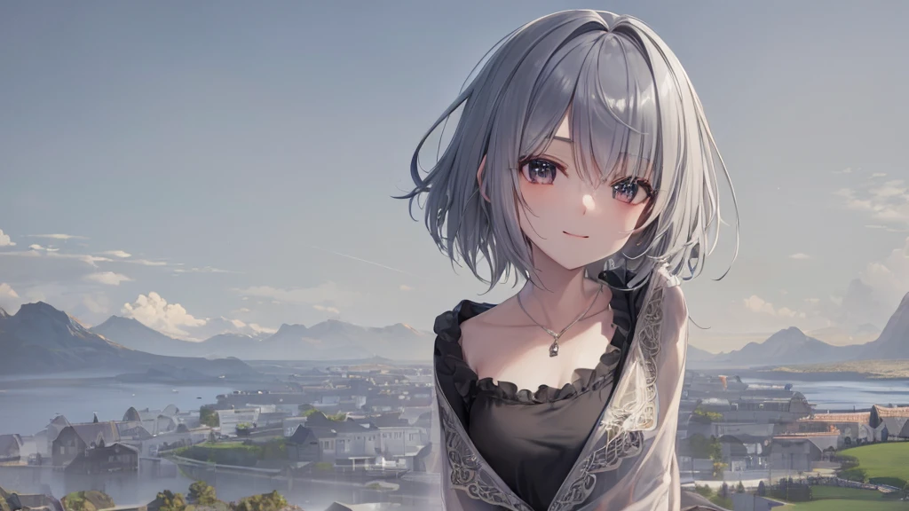 Ultra HD,Look at the viewers, Put your hands behind your back, With a girl, 20-year-old, 非常にShort Hair, Long bangs between the eyes, Pale blue eyes, Very detailed,(masterpiece、Highest quality),Gray Hair、Laughter、Fantastic, Silver Hair, Iris, Short hair、 Fluttering Hair、Small Face、明るいsmile、(Detailed face) ,Professional Lighting,Wonderful landscape,blue sky, sunlight,Looking down from above,Portraiture、Open your mouth、Flower Field、Her eyes were shining、Mysterious and enchanting atmosphere。With AI Painting、とてもShort Hair, Long bangs between the eyes, Very detailed,(masterpiece、Highest quality)、alone、Gray Hair、Fantasy, Silver Hair, Fantasyな風景、smile、Open your mouth、short hair、Short Hair、hairpin、black eye、Grey Eyes、Beautiful Eyes、Black Shirt、White hoodie