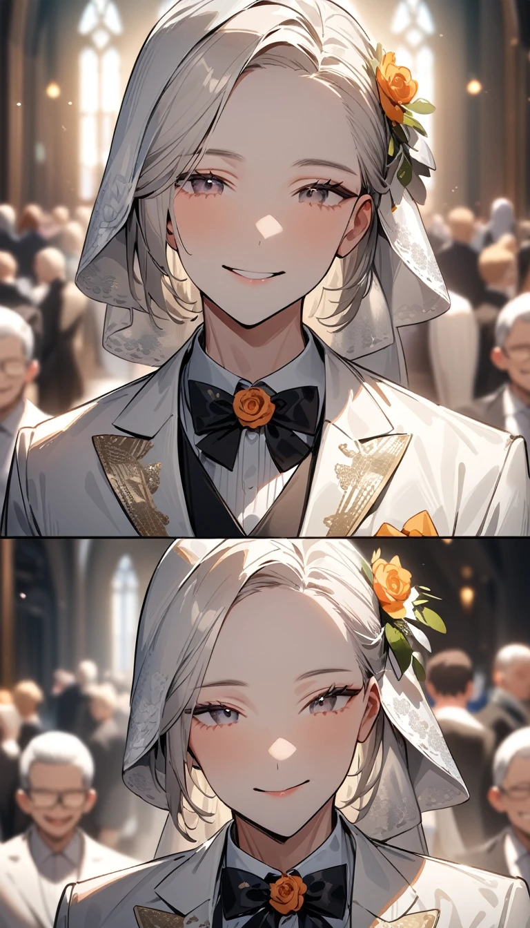 4K,masterpiece,  textured skin, high details, best quality, highres,  (((head shot))),Beautiful groom and bride, Lined up next to each other,wedding,People who bless those around,Inside the church,Happy atmosphere,Blurred background
