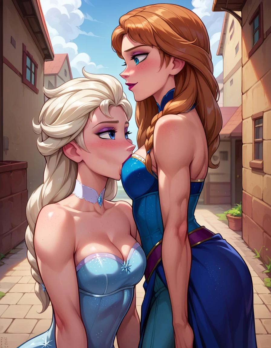 Score_9, score_8_up, score_7_up, rating explicit, source_comic, detailed soft lighting, 1boy, (muscular, medium penis, thick veiny penis, balls:1.0), BREAK 2girls, kneeling, (Elsa from Frozen, blonde hair, braids, ice blue dress:1.0), (Anna from Frozen, brown hair, braided pigtails, green dress:1.0), large breasts, BREAK (threesome:1.3), performing cooperative fellatio, saliva, blush, beautiful eyes, (masterpiece, best quality, highly detailed, beautiful), (town alley:1.2).