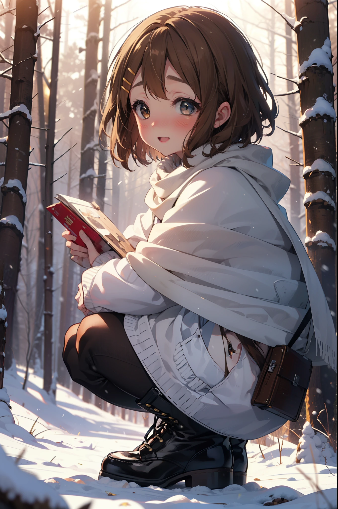 yuihirasawa, Yui Hirasawa, short hair, Brown Hair, hair ornaments, (Brown eyes:1.5), Hair Clip、smile,smile,blush,white breath,
Open your mouth,snow,Ground bonfire,, Outdoor, boots, snowing, From the side, wood, suitcase, Cape, Blurred, , forest, White handbag, nature, Squat, Mouth closed, Cape, winter, Written boundary depth, Black shoes, red Cape break looking at viewer, Upper Body, whole body, break Outdoor, forest, nature, break (masterpiece:1.2), Highest quality, High resolution, unity 8k wallpaper, (shape:0.8), (Beautiful and beautiful eyes:1.6), Highly detailed face, Perfect lighting, Highly detailed CG, (Perfect hands, Perfect Anatomy),