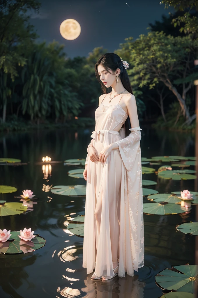 (((best quality))),(((ultra detailed))),(((masterpiece))),illustration,((1 beautiful young girl,solo)),((slim,thin)),(shoulder length straight hair:1.2),((earrings,necklace)),((small breasts,flat chest)),(see through traditional pink sheer Hanfu dress:1.3),((slender legs,bare legs,loafers)),(beside the lotus pond full of lotus flowers:1.3), serene moonlight, ethereal,floral pattern, water movement, billowing fabric, tranquil, moon reflection, petals, fireflies, magical, light,warm light, dreams, invitation, (standing:1.3),(arms behind back:1.3),gazing, reflection, inner thoughts, emotional, sweet scent, natural beauty, solitude, hypnotic lull, eternal summer,(night scene:1.3), natural world, human spirit, celebration, backdrop, water, glow,((from front,full body))