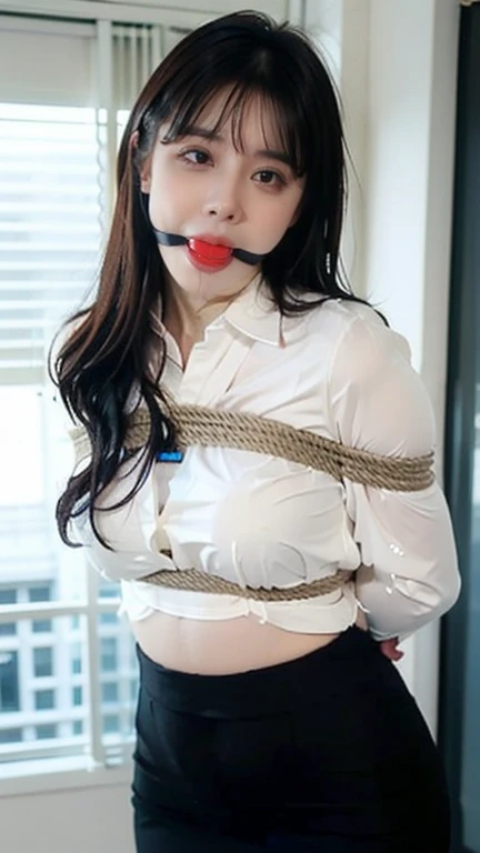 1lady standing, /(casual shirt/) (black pencil skirt:1.1) /(id card lanyard/), mature female, /(brown hair/) bangs, moaning, lips apart, blush, sexy, (masterpiece best quality:1.2) delicate illustration ultra-detailed BREAK /(modern office indoors/), window skyscraperllgag ,bondage (Shibari,hands tied behind back:1.5), (Shibari:1.21),Tied up(((Drooling)))(((The shirt is wet))(((Wet body)))