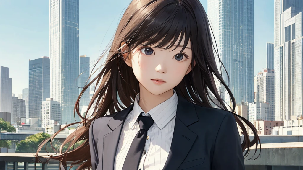 Very crowded station、The time is morning、Skyscraper in the background、Shiraishi Mei, Looks exactly like Shiraishi Mei,、Woman looking up at the sky ,Long Hair, Dark brown hair, Suit jacket、Blouse Photos, Realistic, Highest quality, Detailed face, Written boundary depth, Bokeh (Highest quality: 1.2), (masterpiece: 1.2), Watch Viewer, ,Vision、(((Panorama:1.2)))