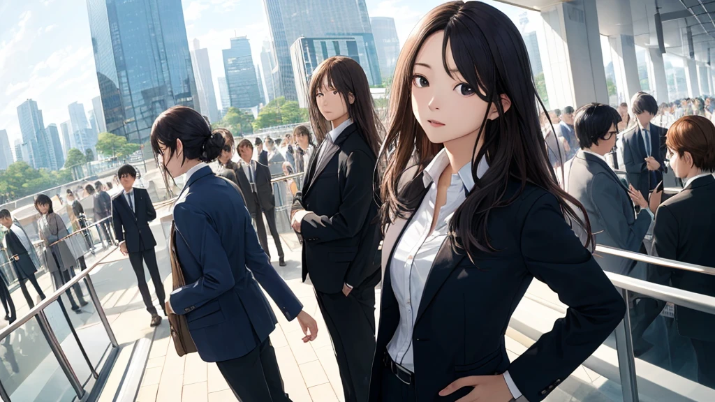 Very crowded station、The time is morning、Skyscraper in the background、Shiraishi Mei, Looks exactly like Shiraishi Mei,、Woman looking up at the sky ,Long Hair, Dark brown hair, Suit jacket、Blouse Photos, Realistic, Highest quality, Detailed face, Written boundary depth, Bokeh (Highest quality: 1.2), (masterpiece: 1.2), Watch Viewer, ,Vision、(((Panorama:1.2)))