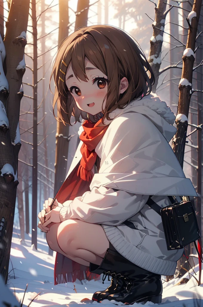 yuihirasawa, Yui Hirasawa, short hair, Brown Hair, hair ornaments, (Brown eyes:1.5), Hair Clip、smile,smile,blush,white breath,
Open your mouth,snow,Ground bonfire,, Outdoor, boots, snowing, From the side, wood, suitcase, Cape, Blurred, , forest, White handbag, nature, Squat, Mouth closed, Cape, winter, Written boundary depth, Black shoes, red Cape break looking at viewer, Upper Body, whole body, break Outdoor, forest, nature, break (masterpiece:1.2), Highest quality, High resolution, unity 8k wallpaper, (shape:0.8), (Beautiful and beautiful eyes:1.6), Highly detailed face, Perfect lighting, Highly detailed CG, (Perfect hands, Perfect Anatomy),
