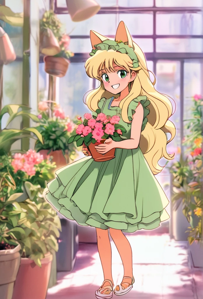 Hojo Tsukasa Manga Style,1 girl, :d, animal ear hair, Animal ears, bangs, black hairband, blonde hair, vague, vague background, depth of field, dress, flower, flower pot, frilled dress, decorate, green dress, green eyes, hairband, holding, long hair, open mouth, pink flower, plant, potted plant, sketch, sleeveless, sleeveless dress, Smile, alone, Tail, wrist cuffs, yellow flower, 1980s (style),8k,masterpiece,Super fine,Rich details,Realistic ray tracing,OC rendererst-person perspective