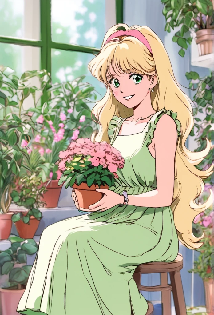 Hojo Tsukasa Manga Style，1 girl, :d, animal ear hair, Animal ears, bangs, black hairband, blonde hair, vague, vague background, depth of field, dress, flower, flower pot, frilled dress, decorate, green dress, green eyes, hairband, holding, long hair, open mouth, pink flower, plant, potted plant, sketch, sleeveless, sleeveless dress, Smile, alone, Tail, wrist cuffs, yellow flower, 1980s (style)，8k，masterpiece，Super fine，Rich details，Realistic ray tracing，OC rendererst-person perspective