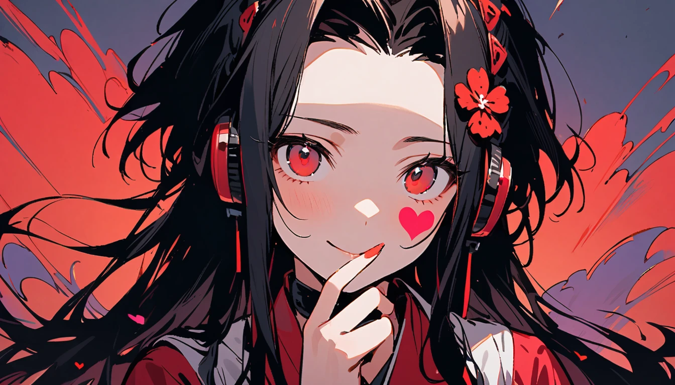 ((Ink Painting)), (((1 girl))), (((Heart tattoo on face))), (((Gorgeous hair accessories))), Japanese style headphones, face close-up, Japanese beautiful girl, Black Hair, Put your hands on your face, smile, devil, Droopy eyes, Red eyes