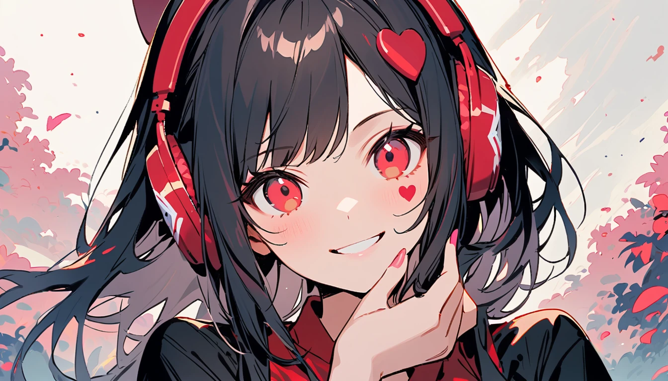((Ink Painting)), (((1 girl))), (((Heart tattoo on face))), (((Gorgeous hair accessories))), Japanese style headphones, face close-up, Japanese beautiful girl, Black Hair, Put your hands on your face, smile, devil, Droopy eyes, Red eyes
