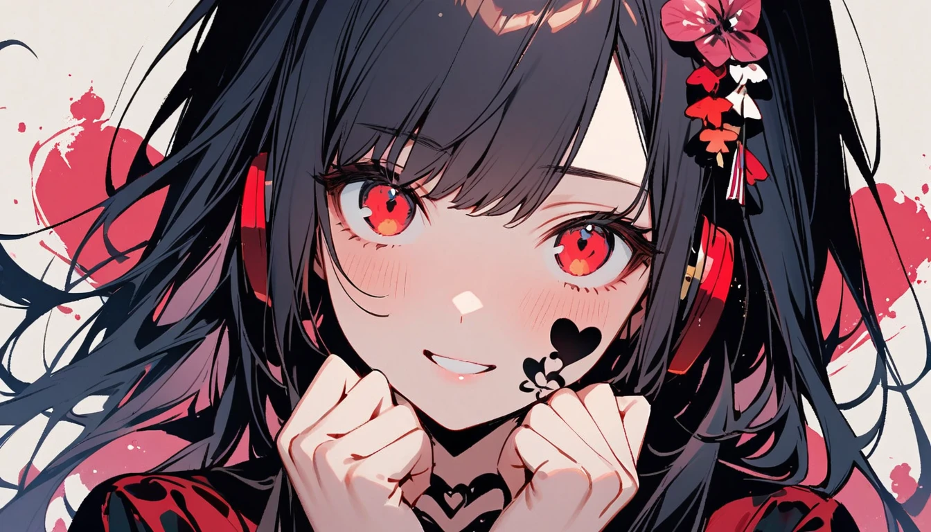 ((Ink Painting)), (((1 girl))), (((Heart tattoo on face))), (((Gorgeous hair accessories))), Japanese style headphones, face close-up, Japanese beautiful girl, Black Hair, Put your hands on your face, smile, devil, Droopy eyes, Red eyes