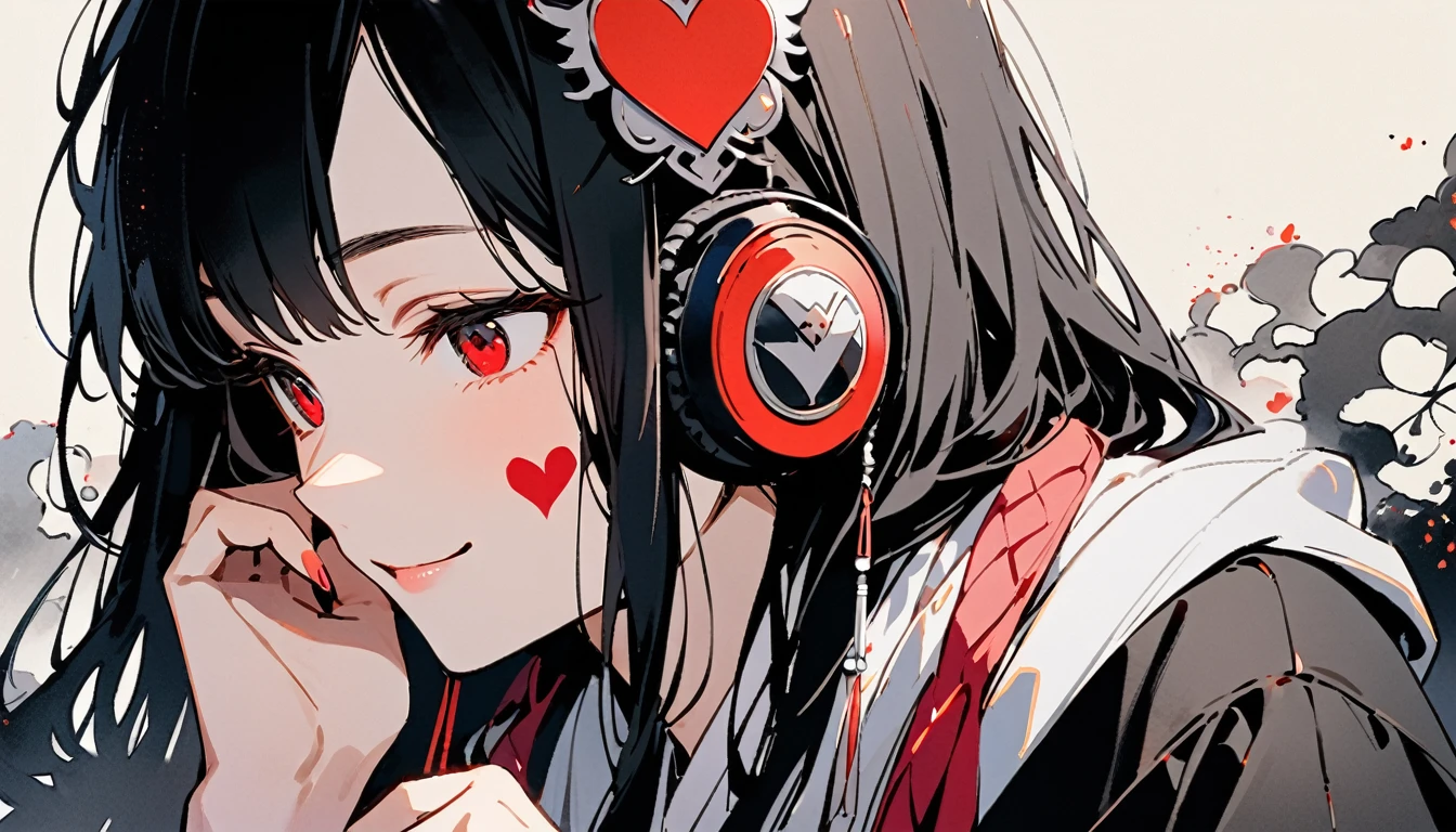 ((Ink Painting)), (((1 girl))), (((Heart tattoo on face))), (((Gorgeous hair accessories))), Japanese style headphones, face close-up, Japanese beautiful girl, Black Hair, Put your hands on your face, smile, devil, Droopy eyes, pastel color, Fashion portrait color photos